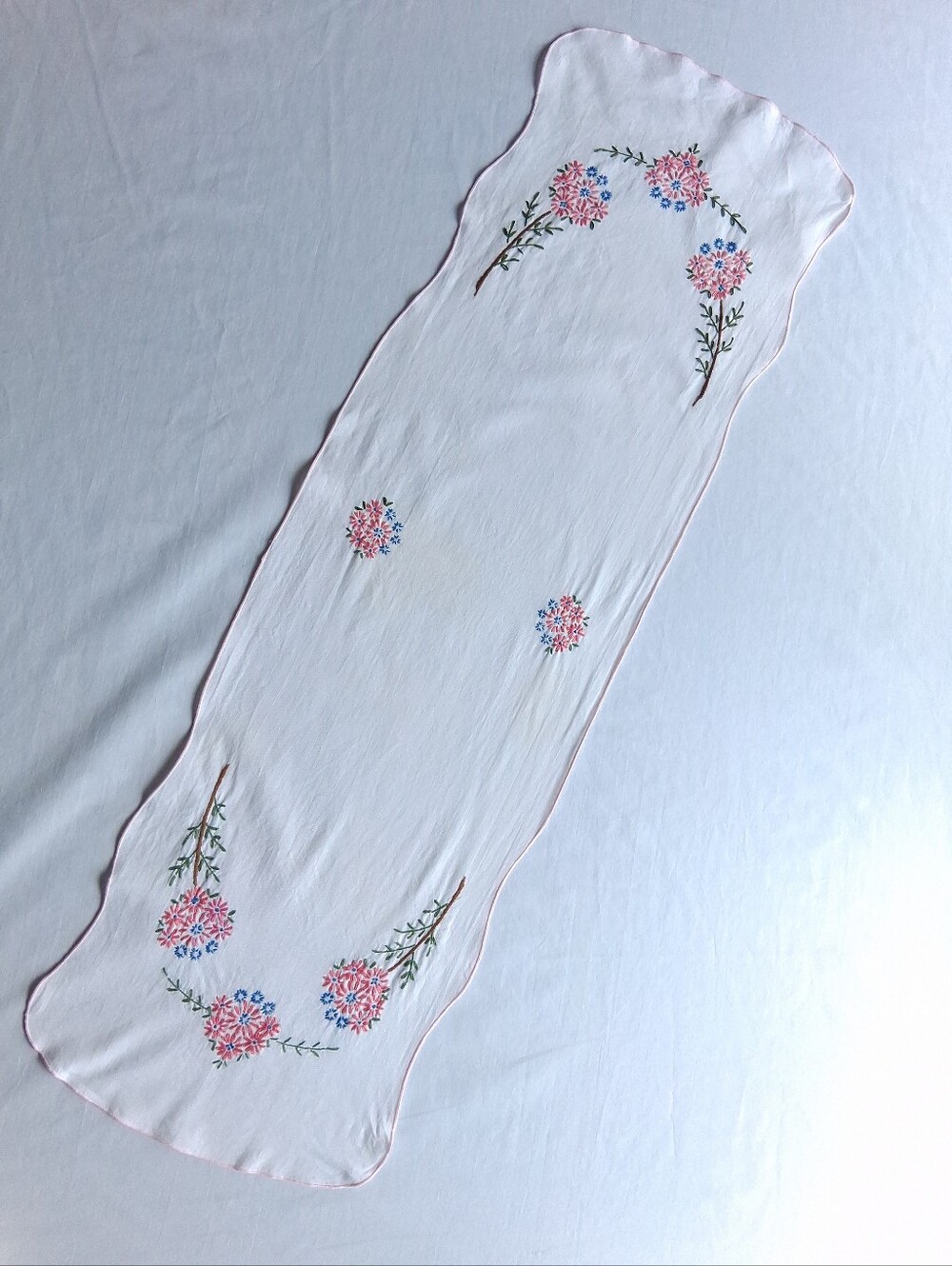 Vintage Table Runner Hand Embroidered Floral Table Runner Pink Blue - Damaged